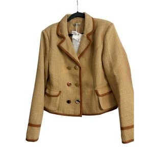 New FEHAUTE Tan Tweed Double Breasted Blazer Jacket Contrast Trim XL Classic